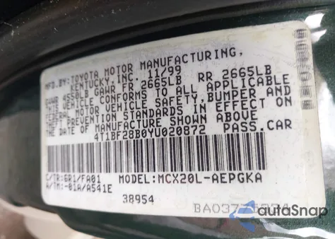 2000 Toyota Avalon Xls from USA, damaged, VIN 4T1BF28B0YU020872